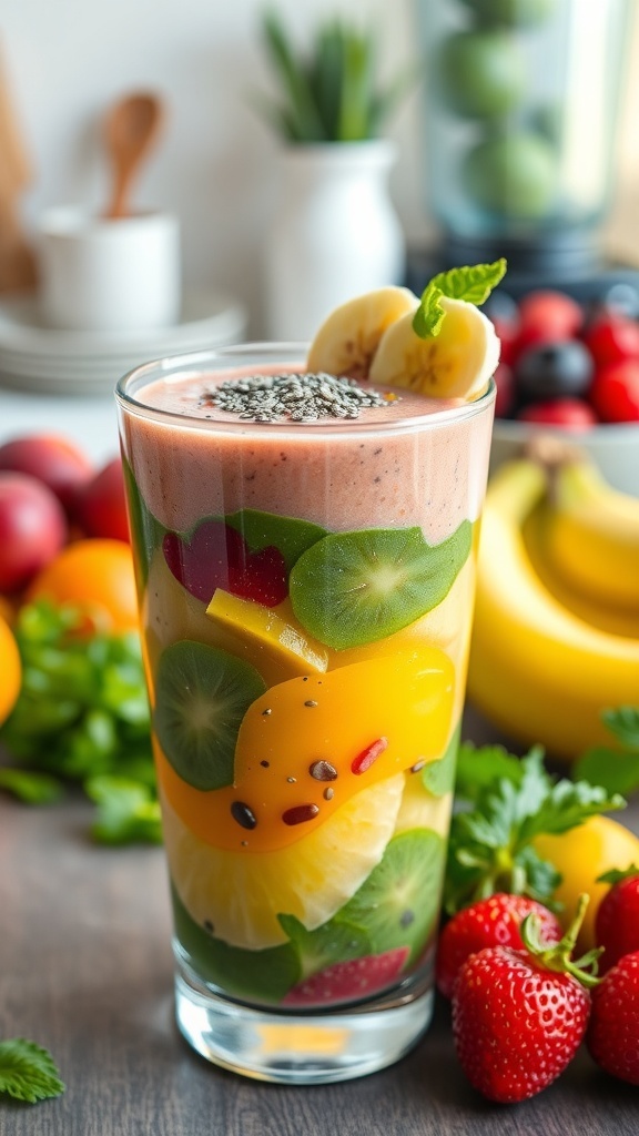 A colorful gluten-free smoothie with fruits and greens, topped with chia seeds, in a bright kitchen.
